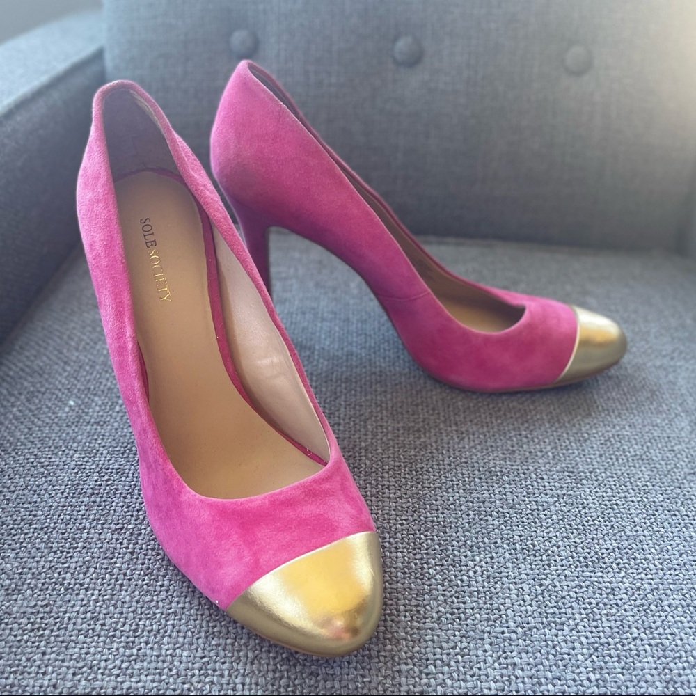 Fushia - Hot Pink Suede Heels with Gold Leather Toe